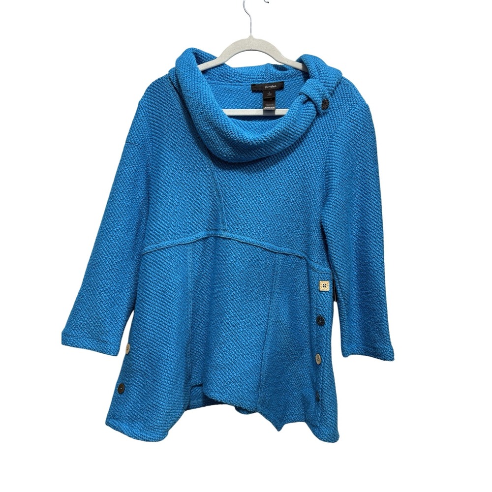 Ali Miles Womens M Cowl Neck Tunic Pullover Blue NWT Lagenlook Accent Button Art